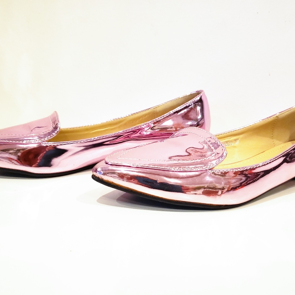 Rose Pink Metallic Pointy Toe Loafer Flats Sz 6.5